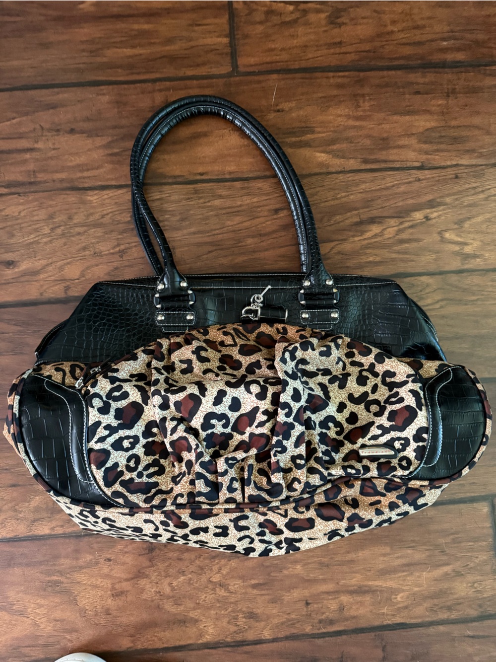 Leopard Print and Black Faux Leather Tote Bag